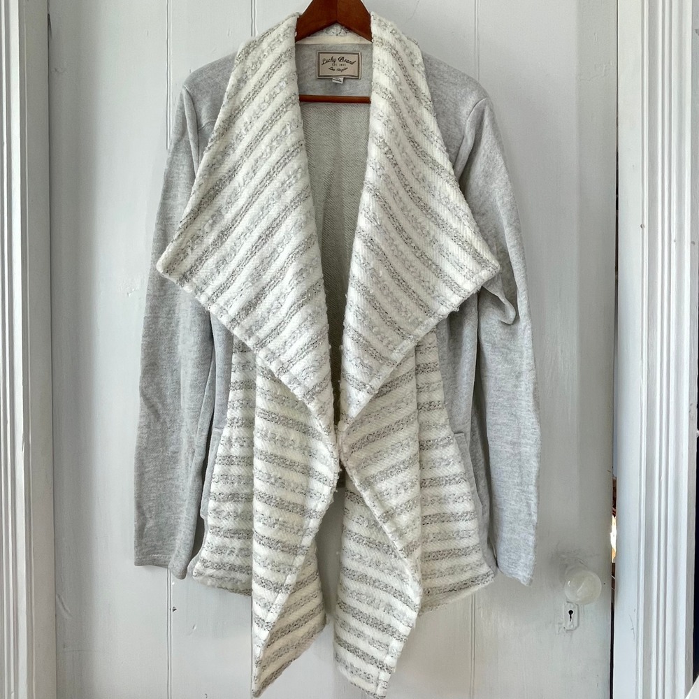 Lucky Brand Women XL Gray Shawl Collar Cardigan Sweater Knit Waterfall Boho